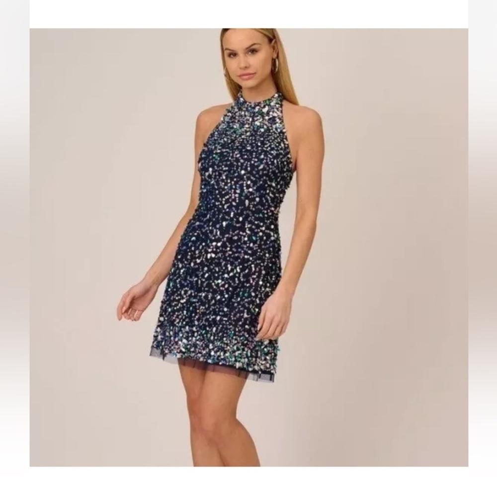 Aidan Mattox - Fit & Flare Sequin Halter Cocktail Dress - Navy - size 8 - NWT
